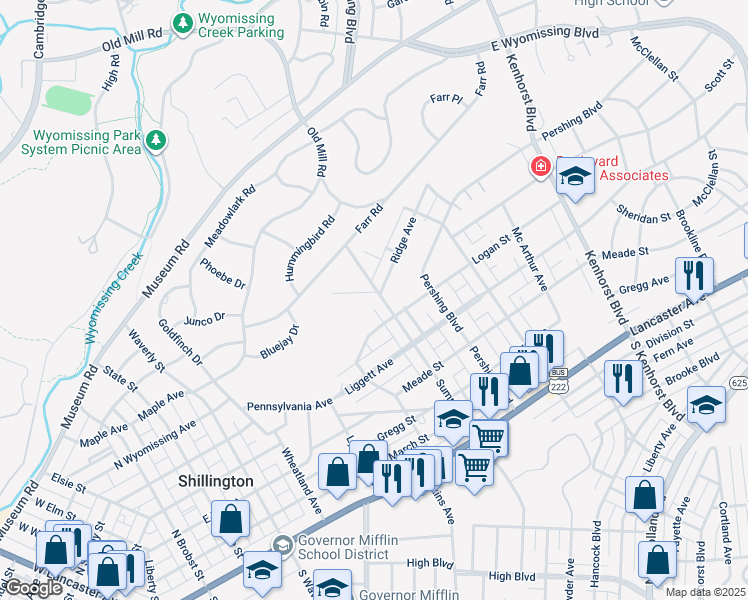 map of restaurants, bars, coffee shops, grocery stores, and more near 526 Summit Avenue in Shillington