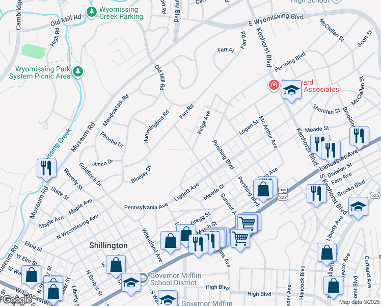 map of restaurants, bars, coffee shops, grocery stores, and more near 526 Summit Avenue in Shillington