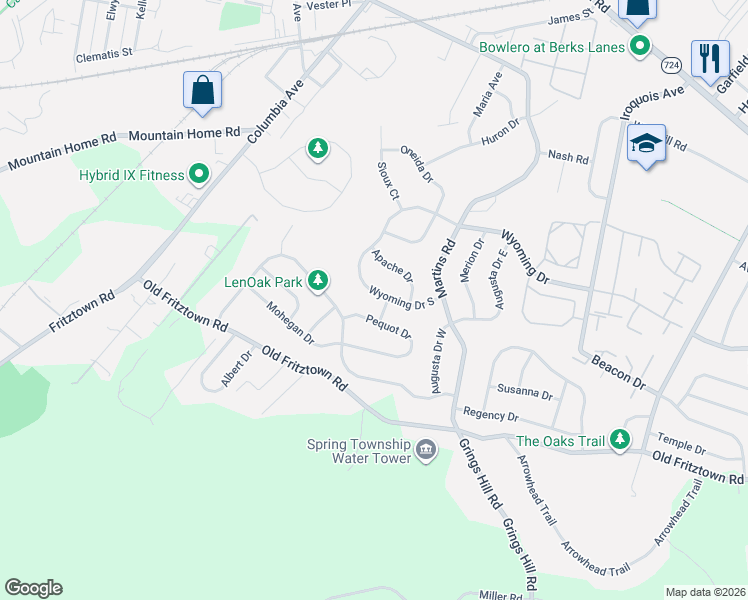 map of restaurants, bars, coffee shops, grocery stores, and more near 3617 Wyoming Drive North in Sinking Spring