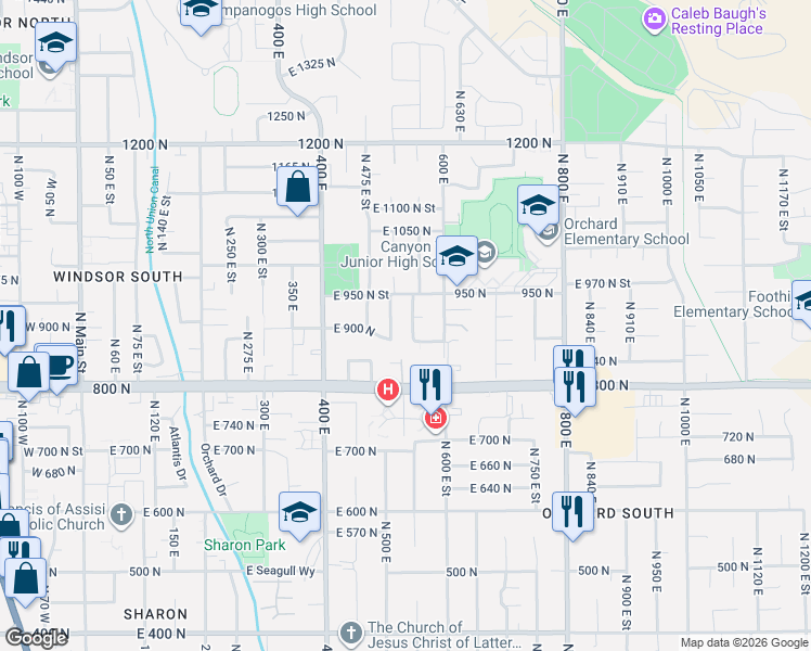 map of restaurants, bars, coffee shops, grocery stores, and more near 562 East 910 North in Orem