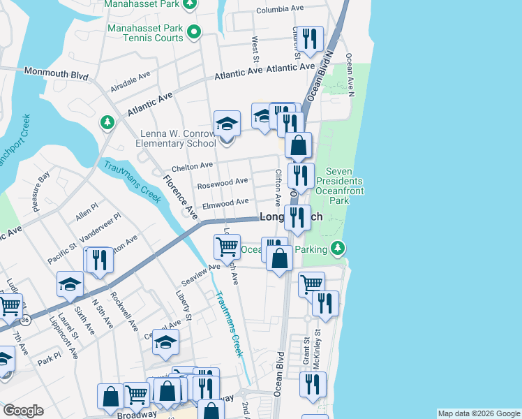 map of restaurants, bars, coffee shops, grocery stores, and more near 88 Baker Place in Long Branch