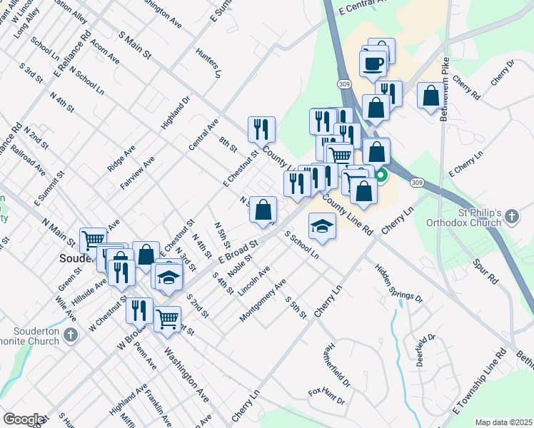 map of restaurants, bars, coffee shops, grocery stores, and more near 52 North School Lane in Souderton