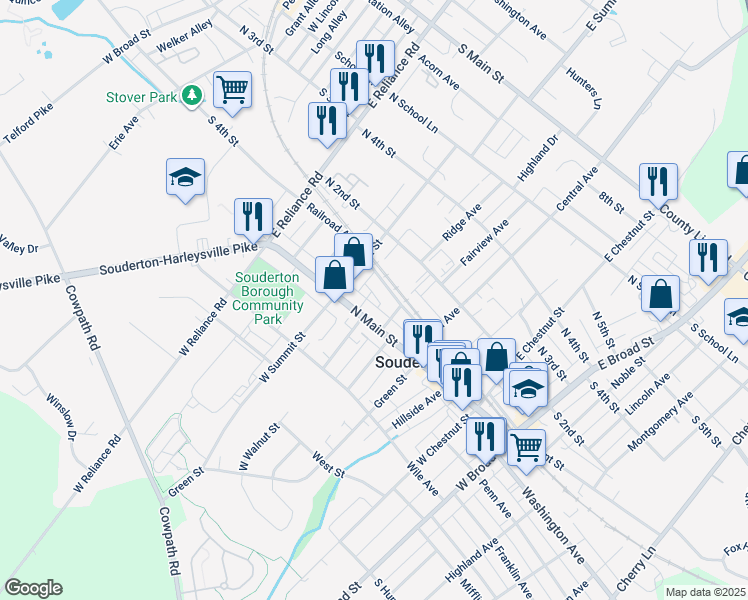 map of restaurants, bars, coffee shops, grocery stores, and more near 14 East Walnut Street in Souderton