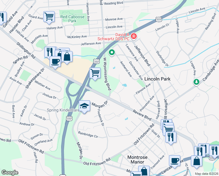 map of restaurants, bars, coffee shops, grocery stores, and more near West Wyomissing Boulevard in Reading
