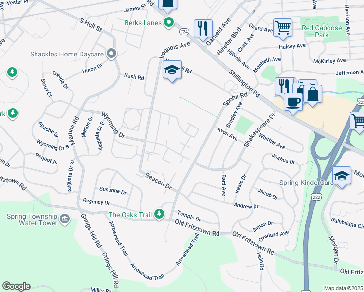 map of restaurants, bars, coffee shops, grocery stores, and more near 2813 Wyoming Drive in Reading