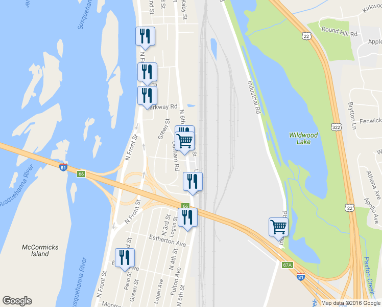 map of restaurants, bars, coffee shops, grocery stores, and more near 3923 North 6th Street in Harrisburg