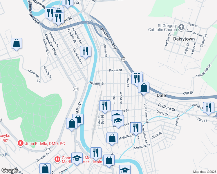 map of restaurants, bars, coffee shops, grocery stores, and more near 100-114 Hickory St in Johnstown