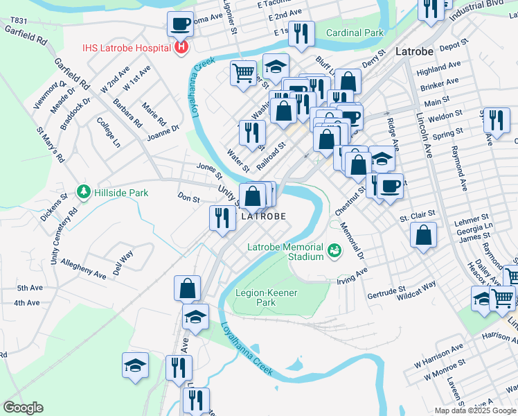 map of restaurants, bars, coffee shops, grocery stores, and more near 104 Lloyd Avenue in Latrobe