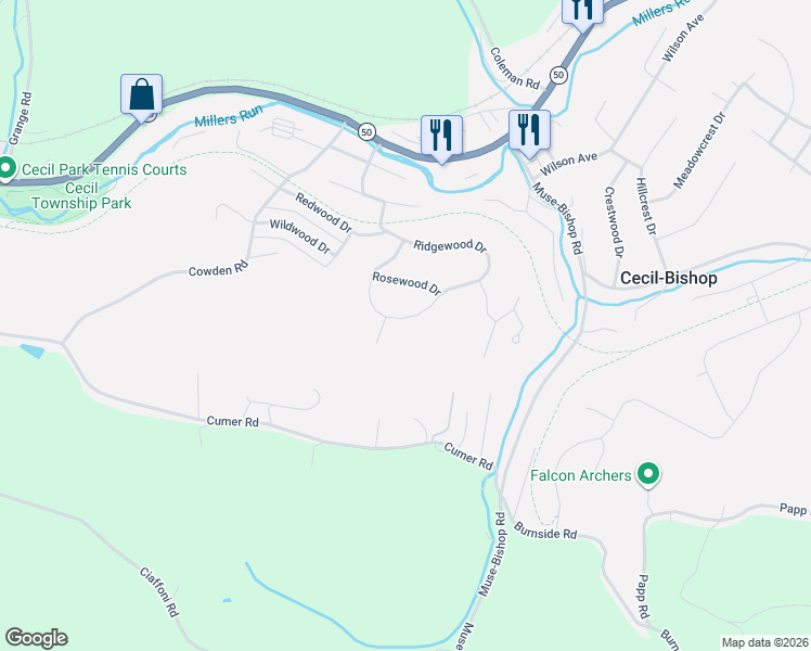 map of restaurants, bars, coffee shops, grocery stores, and more near 59 Ridgewood Drive in McDonald