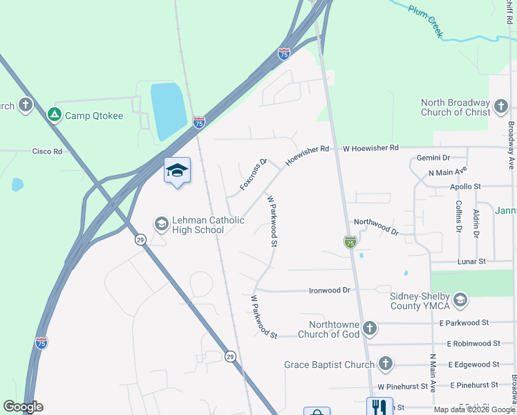 map of restaurants, bars, coffee shops, grocery stores, and more near 595 Hoewisher Road in Sidney