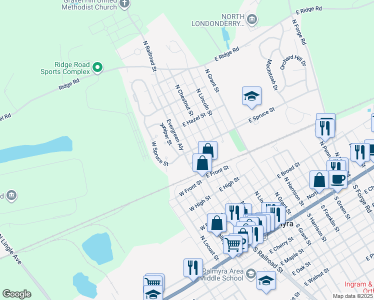 map of restaurants, bars, coffee shops, grocery stores, and more near 133 West Spruce Street in Palmyra