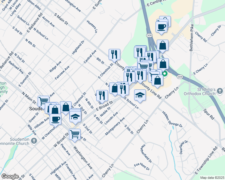 map of restaurants, bars, coffee shops, grocery stores, and more near 38 North School Lane in Souderton