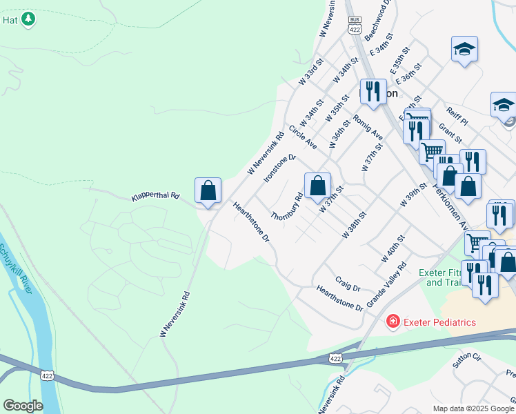 map of restaurants, bars, coffee shops, grocery stores, and more near 3 Thornbury Road in Reading