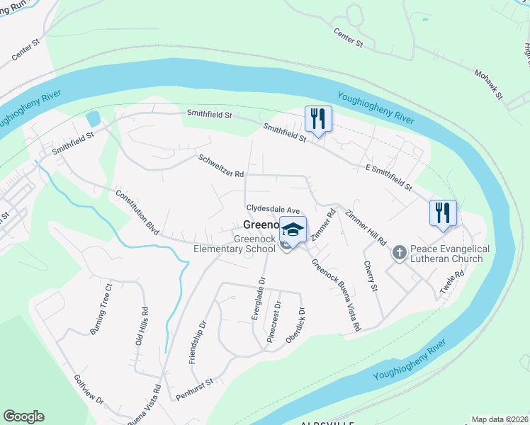 map of restaurants, bars, coffee shops, grocery stores, and more near 1105 Clydesdale Avenue in McKeesport