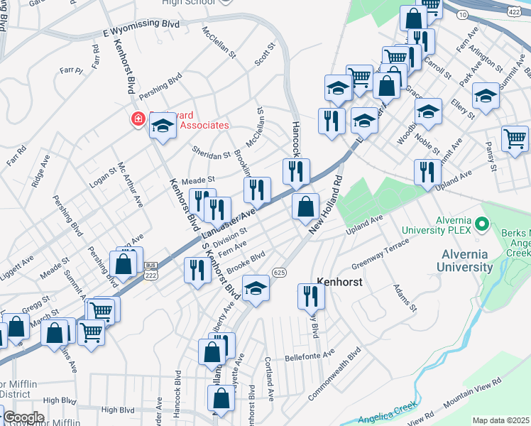 map of restaurants, bars, coffee shops, grocery stores, and more near 1018 Lancaster Avenue in Reading