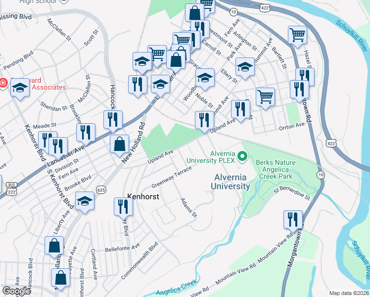 map of restaurants, bars, coffee shops, grocery stores, and more near 806 Upland Avenue in Reading