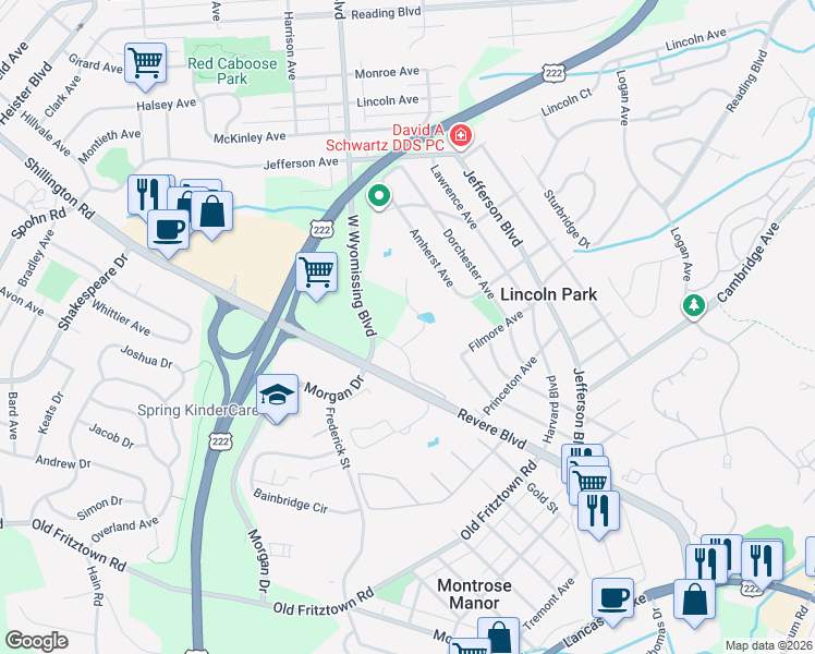 map of restaurants, bars, coffee shops, grocery stores, and more near 1342 West Wyomissing Boulevard in Reading