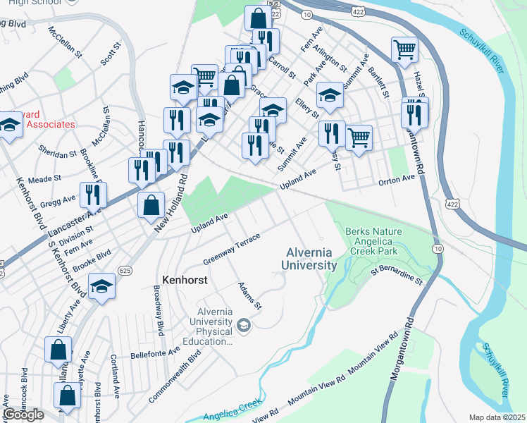 map of restaurants, bars, coffee shops, grocery stores, and more near 318 Saint Nicholas Street in Reading