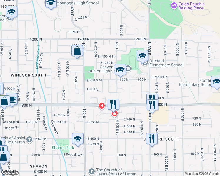 map of restaurants, bars, coffee shops, grocery stores, and more near 562 East 910 North Street in Orem