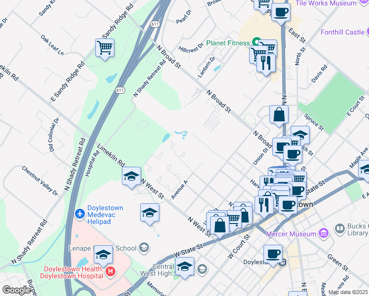 map of restaurants, bars, coffee shops, grocery stores, and more near 317 Dorset Road in Doylestown