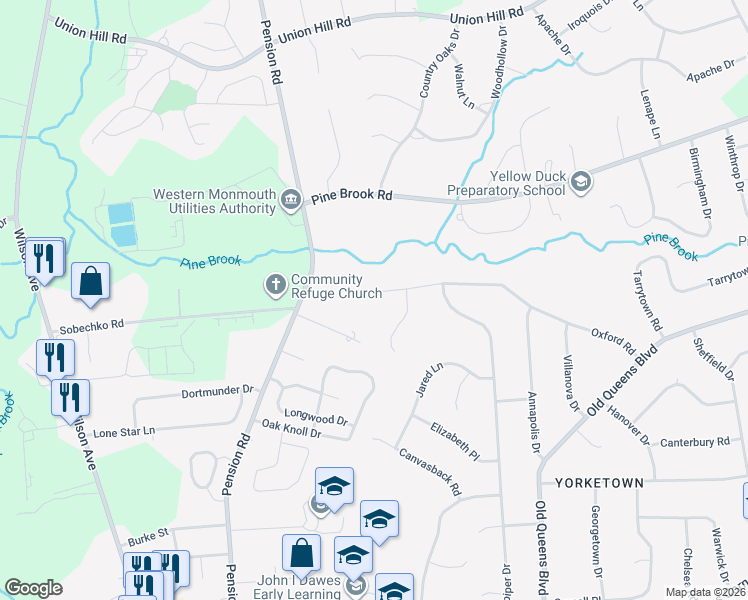 map of restaurants, bars, coffee shops, grocery stores, and more near 49 Oxford Road in Manalapan Township