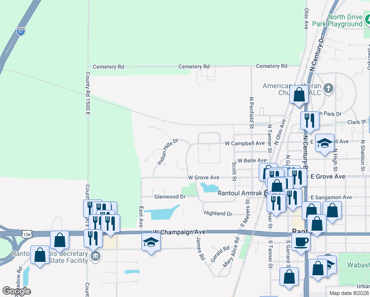 map of restaurants, bars, coffee shops, grocery stores, and more near 437 Moraine Court in Rantoul