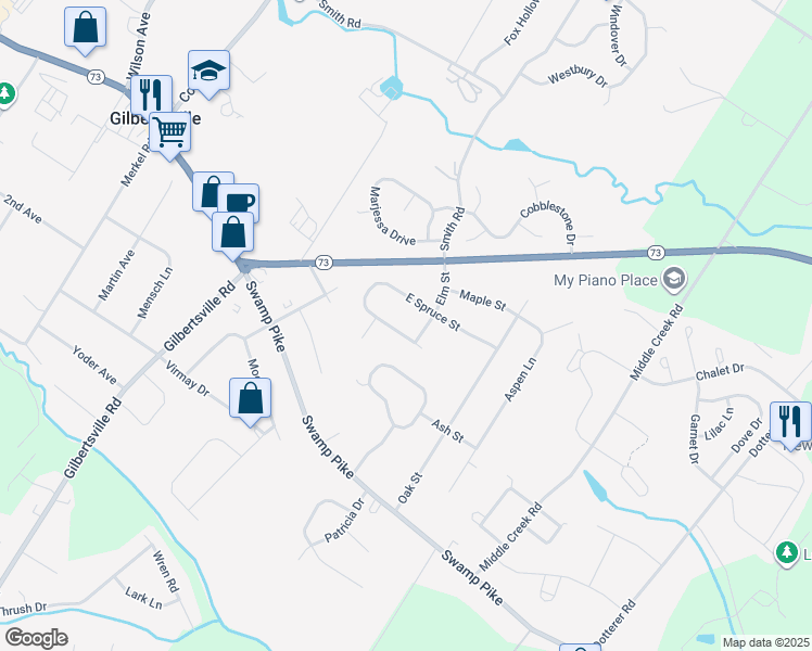 map of restaurants, bars, coffee shops, grocery stores, and more near 288 West Spruce Street in Gilbertsville