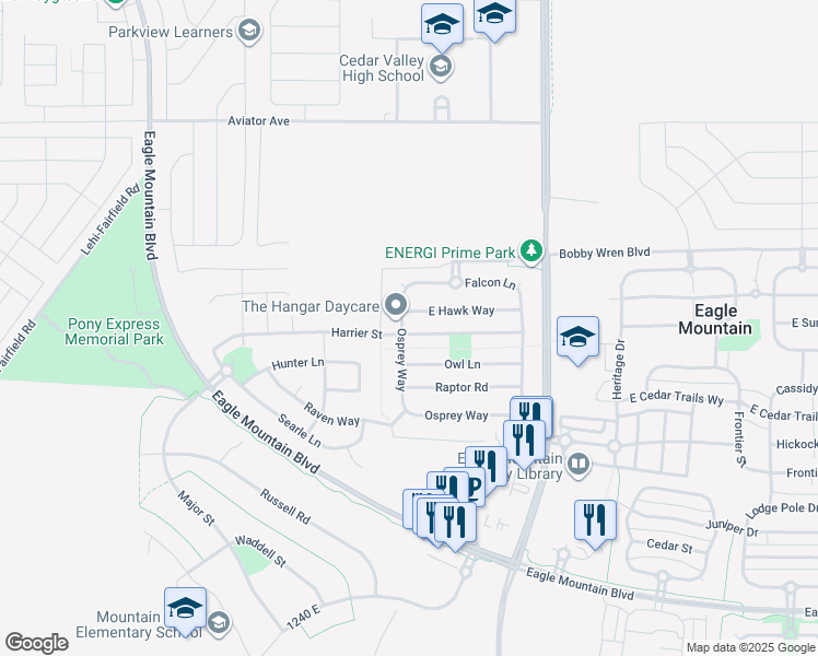 map of restaurants, bars, coffee shops, grocery stores, and more near 1301 Harrier Street in Eagle Mountain