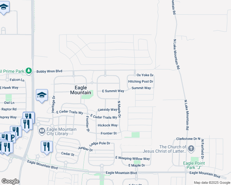 map of restaurants, bars, coffee shops, grocery stores, and more near 2190 East Summit Way in Eagle Mountain
