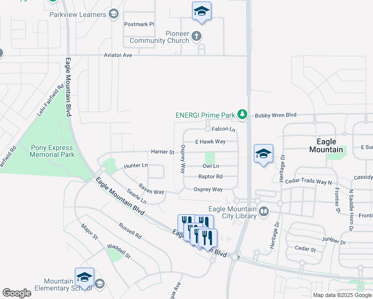 map of restaurants, bars, coffee shops, grocery stores, and more near 1301 Harrier Street in Eagle Mountain