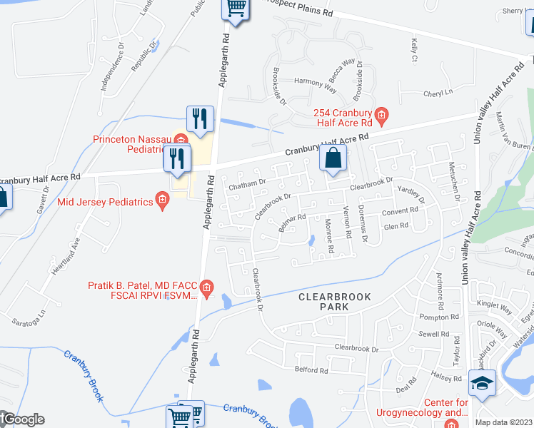 map of restaurants, bars, coffee shops, grocery stores, and more near 93A Dogwood Plaza in Monroe Township