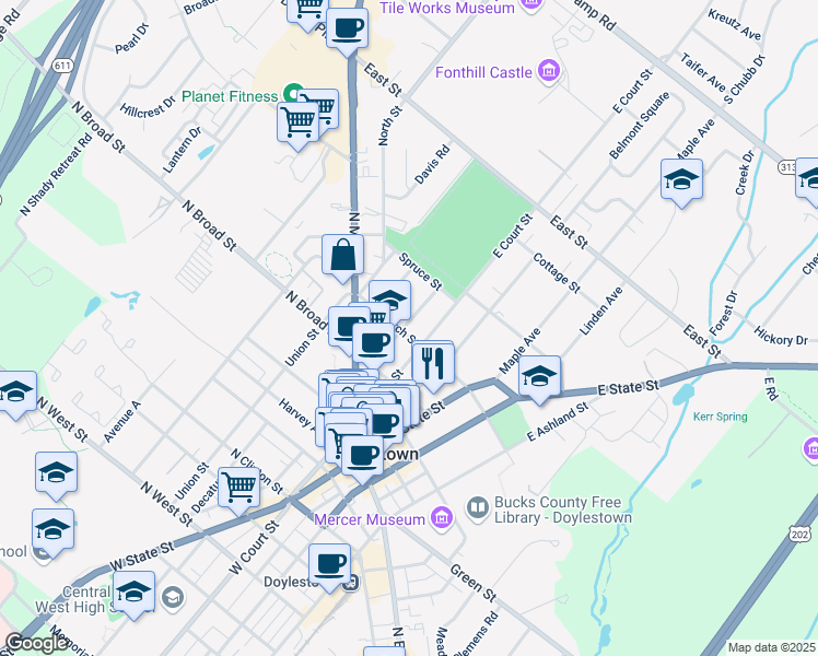 map of restaurants, bars, coffee shops, grocery stores, and more near 140 Mechanics Street in Doylestown