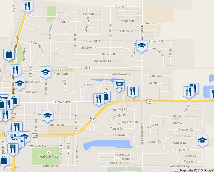 map of restaurants, bars, coffee shops, grocery stores, and more near 399 Alta Brown Drive in Rantoul