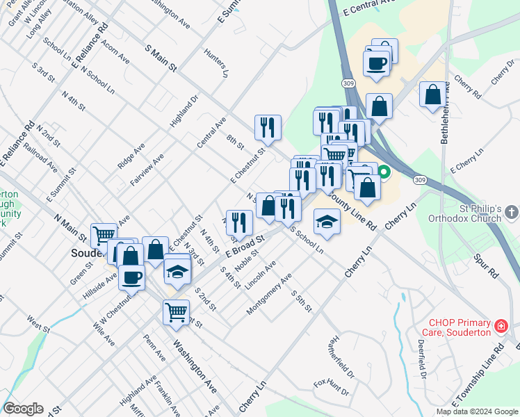map of restaurants, bars, coffee shops, grocery stores, and more near 48 North School Lane in Souderton
