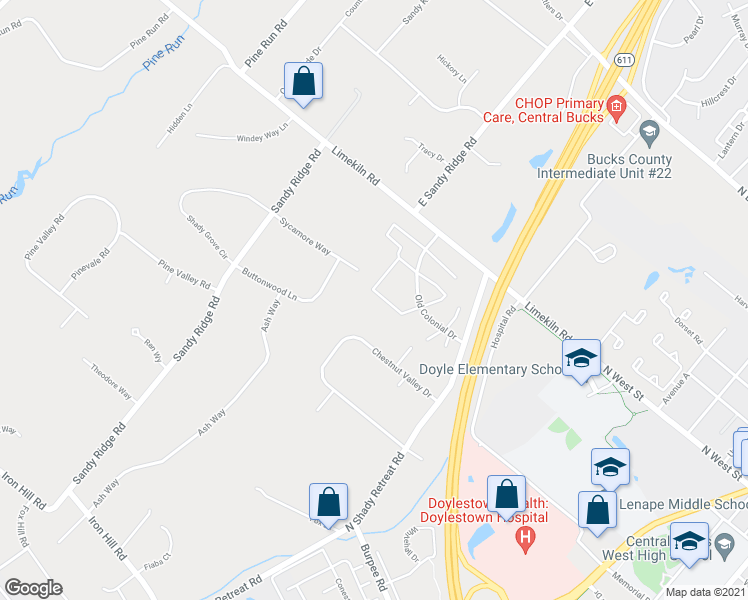 map of restaurants, bars, coffee shops, grocery stores, and more near 83 Providence Avenue in Doylestown