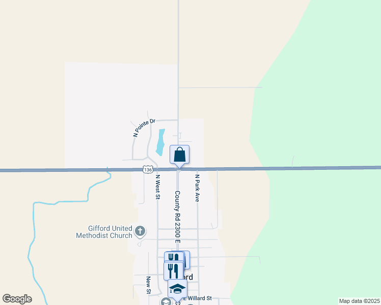map of restaurants, bars, coffee shops, grocery stores, and more near 2304 County Road 3000 North in Gifford
