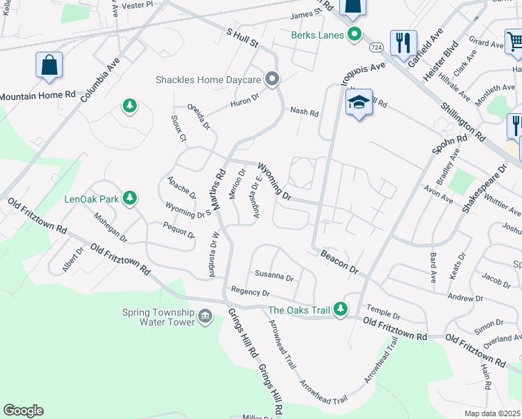 map of restaurants, bars, coffee shops, grocery stores, and more near 415 Augusta Drive East in Sinking Spring