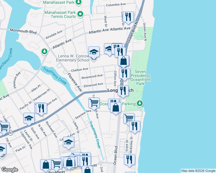 map of restaurants, bars, coffee shops, grocery stores, and more near 88 Baker Place in Long Branch