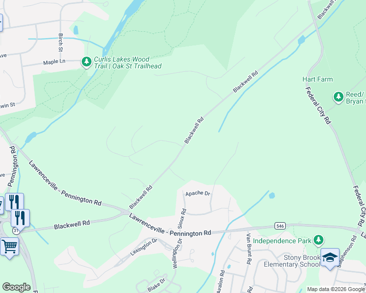 map of restaurants, bars, coffee shops, grocery stores, and more near 1 Benjamin Trail in Pennington