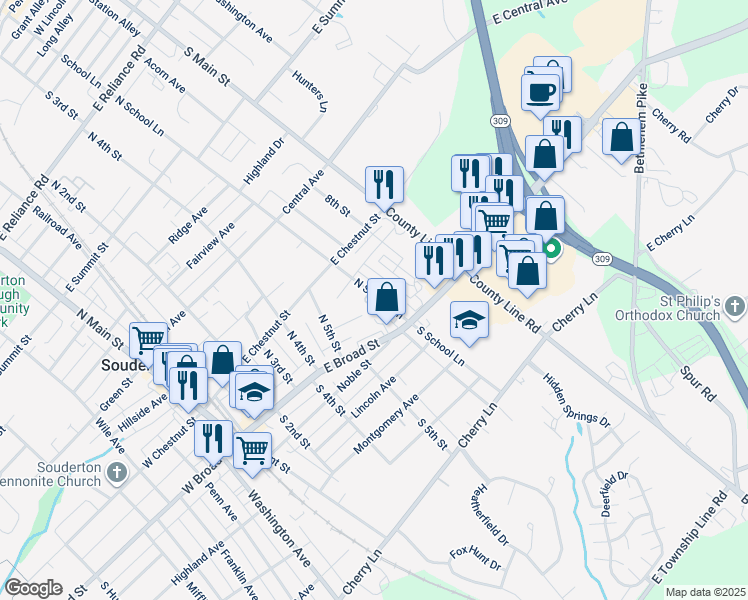map of restaurants, bars, coffee shops, grocery stores, and more near 48 North School Lane in Souderton