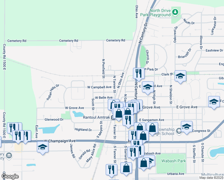 map of restaurants, bars, coffee shops, grocery stores, and more near 113 West Campbell Avenue in Rantoul