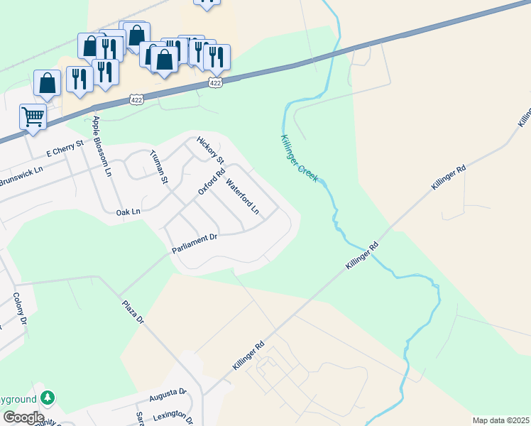 map of restaurants, bars, coffee shops, grocery stores, and more near 290 Parliament Drive in Annville