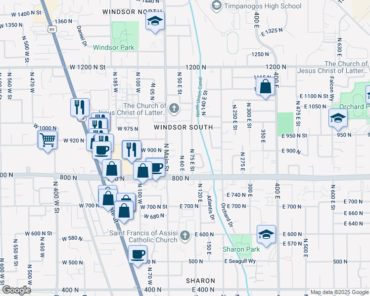 map of restaurants, bars, coffee shops, grocery stores, and more near 912 North 60 East in Orem