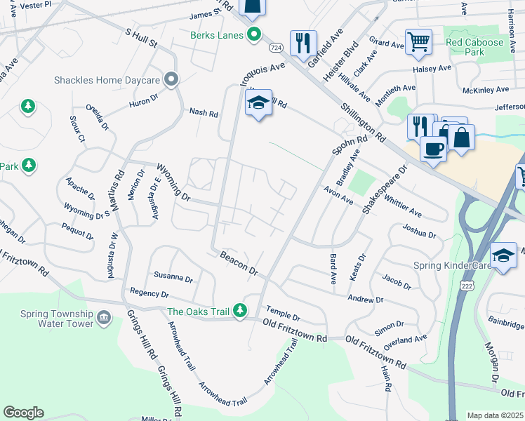 map of restaurants, bars, coffee shops, grocery stores, and more near 2813 Wyoming Drive in Reading