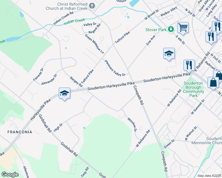 map of restaurants, bars, coffee shops, grocery stores, and more near 234 Harleysville Pike in Souderton
