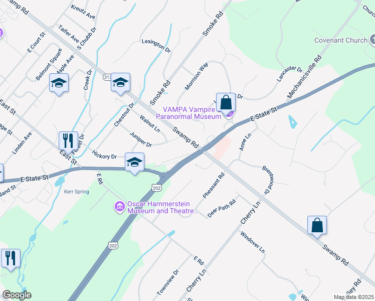 map of restaurants, bars, coffee shops, grocery stores, and more near 8 Cedar Lane in Doylestown