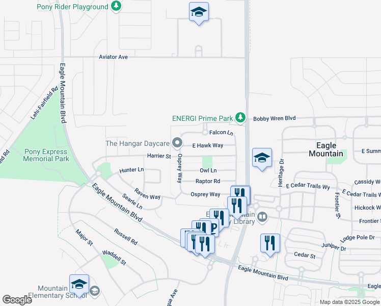 map of restaurants, bars, coffee shops, grocery stores, and more near 1335 Harrier Street in Eagle Mountain