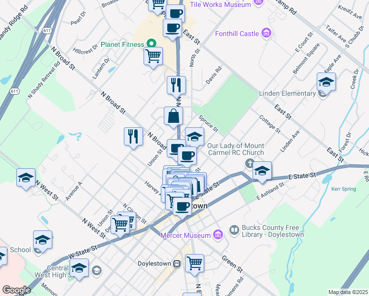 map of restaurants, bars, coffee shops, grocery stores, and more near 175 North Main Street in Doylestown