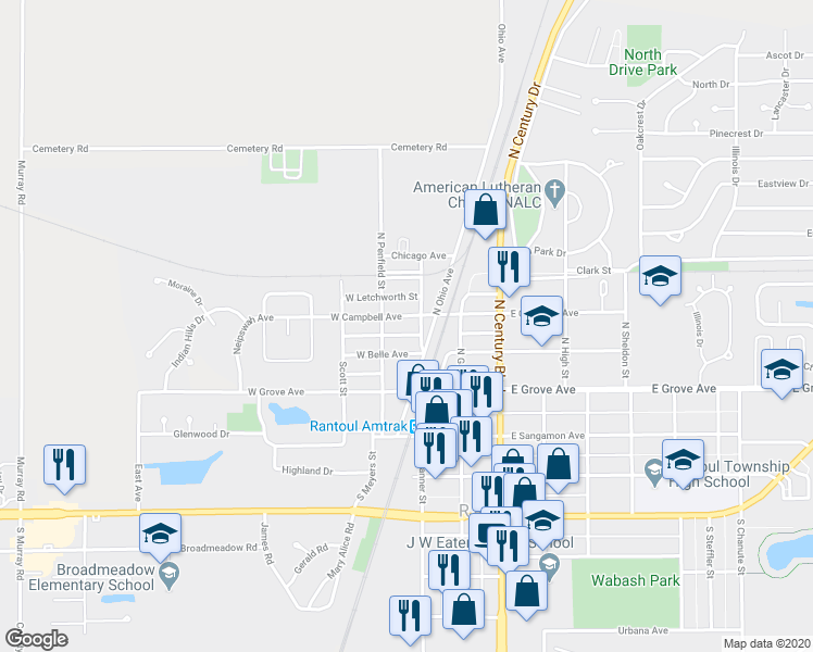 map of restaurants, bars, coffee shops, grocery stores, and more near 113 West Campbell Avenue in Rantoul