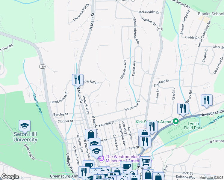 map of restaurants, bars, coffee shops, grocery stores, and more near 13 Bayard Ave in Greensburg